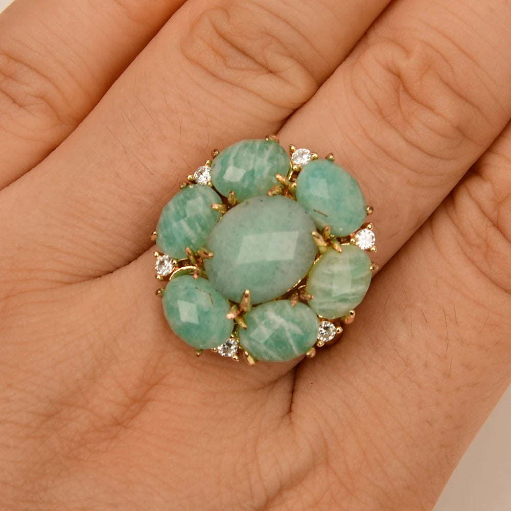 Natural Amazonite Blue Flower Ring