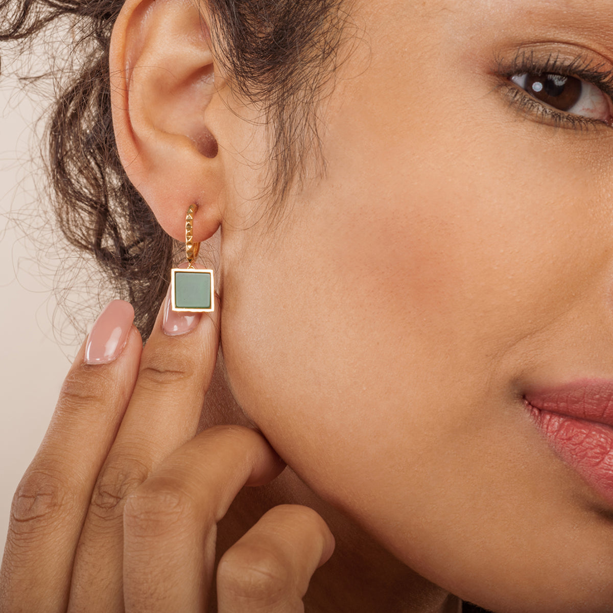 Geometric Emerald Gold Earrings