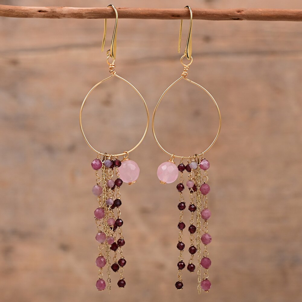 Chic Chain Tassel Rose Quartz Earrings - Earrings - Pretland | Spiritual Crystals & Jewelry