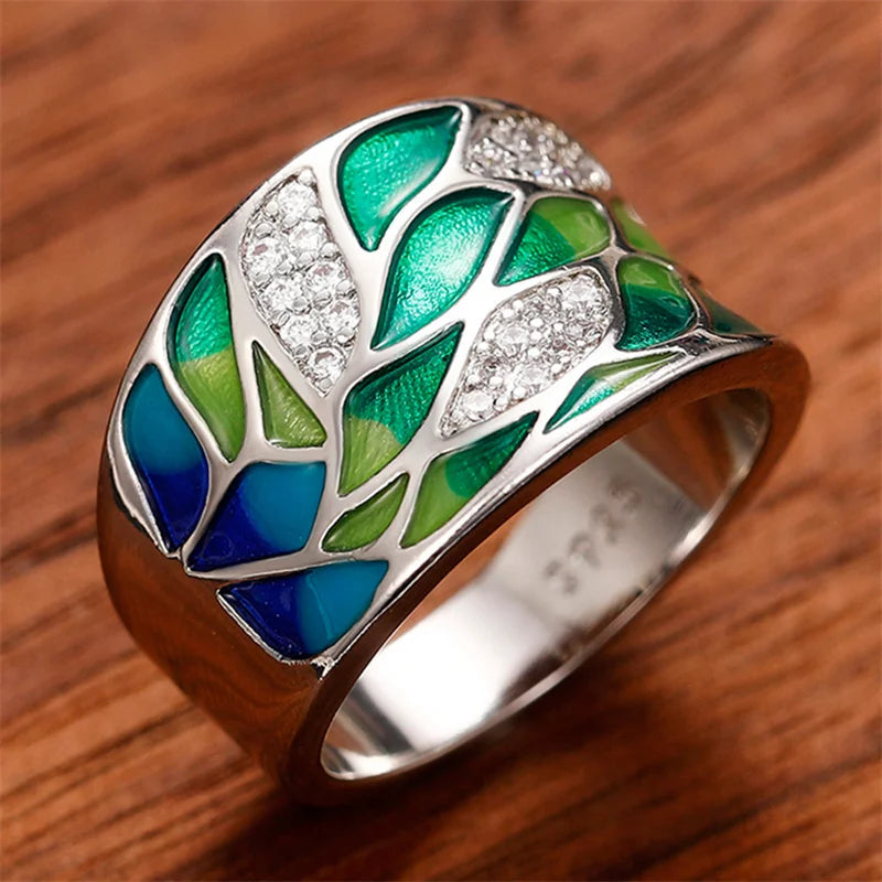 Bohemia Green Leaf hand-painted ring