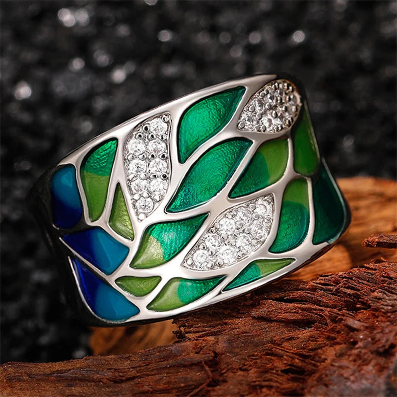 Bohemia Green Leaf hand-painted ring