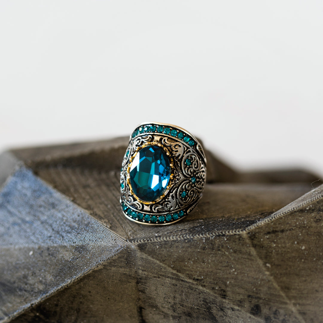 Aquamarine Turkish Mosaic Silver Ring - Rings - Pretland | Spiritual Crystals & Jewelry