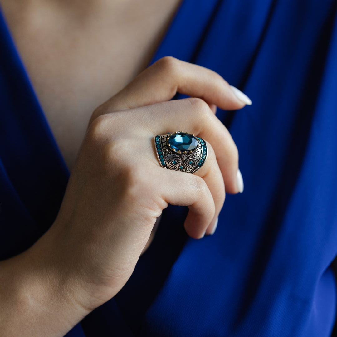 Aquamarine Turkish Mosaic Silver Ring - Rings - Pretland | Spiritual Crystals & Jewelry
