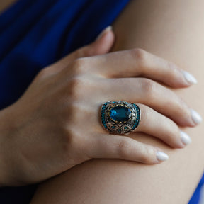 Aquamarine Turkish Mosaic Silver Ring - Rings - Pretland | Spiritual Crystals & Jewelry