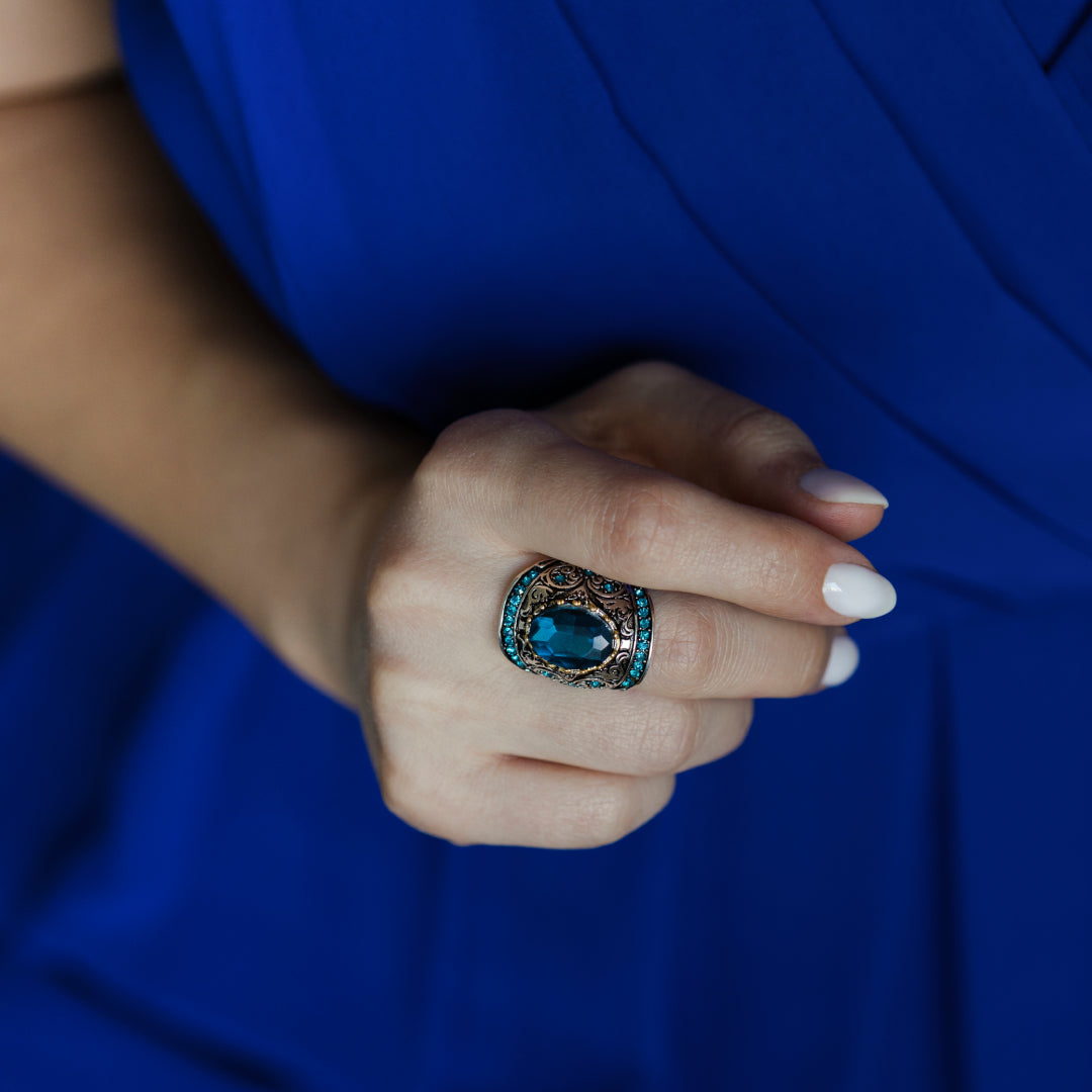 Aquamarine Turkish Mosaic Silver Ring - Rings - Pretland | Spiritual Crystals & Jewelry