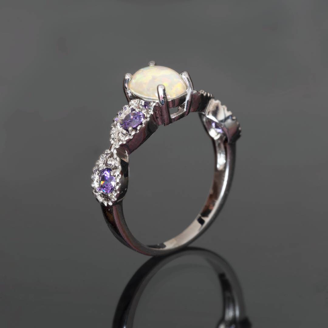 White Fire Opal Oval Stone Silver Ring - Rings - Pretland | Spiritual Crystals & Jewelry