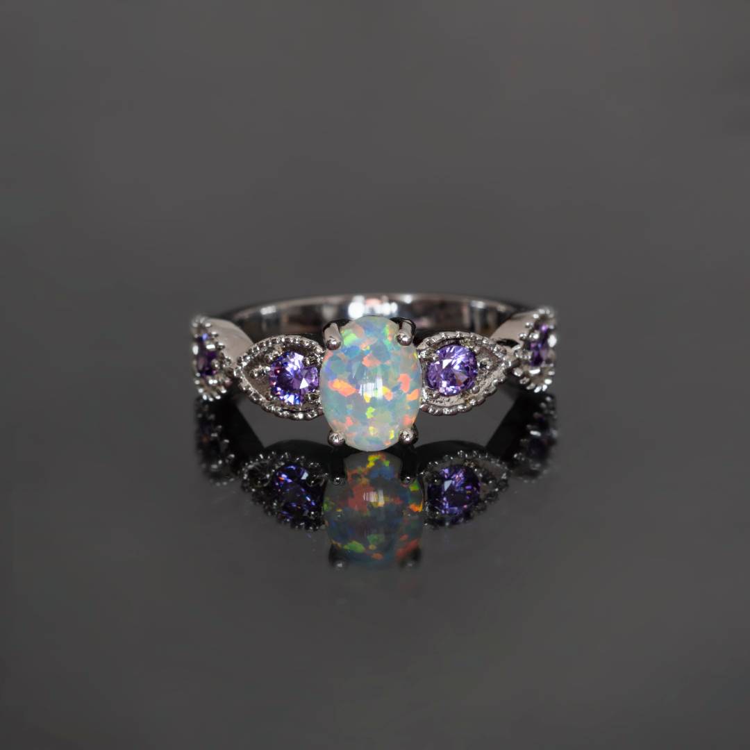 White Fire Opal Oval Stone Silver Ring - Rings - Pretland | Spiritual Crystals & Jewelry