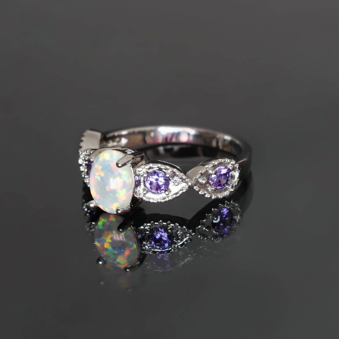 White Fire Opal Oval Stone Silver Ring - Rings - Pretland | Spiritual Crystals & Jewelry