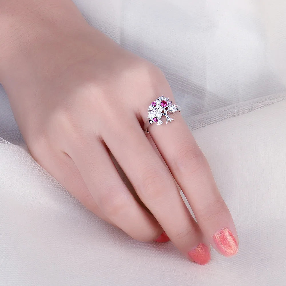 Tree Of Life Ruby Silver Adjustable Ring