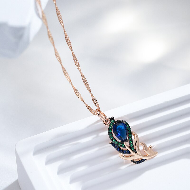 Peacock Feather Sapphire 14K Rose Gold Necklace