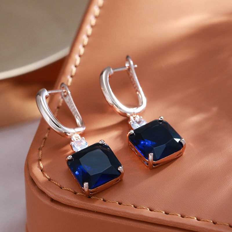 Square Sapphire 14K Rose Gold Dangle Earrings