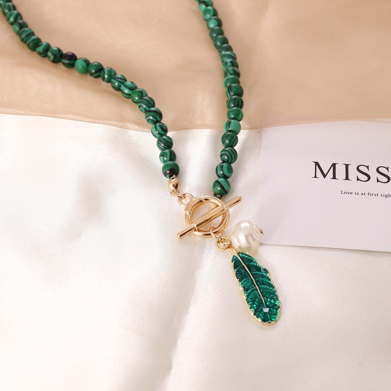 Spiritual Malachite Stone Pearl Necklace - Necklaces - Pretland | Spiritual Crystals & Jewelry
