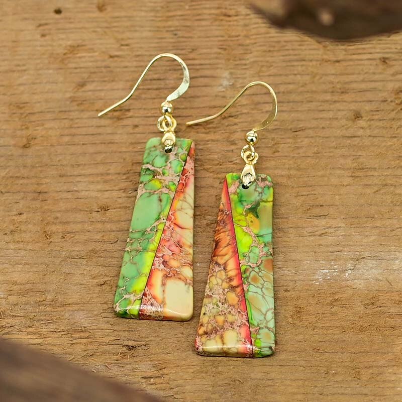 Green Jasper Trapezoidal Earrings - Drop Earrings - Pretland | Spiritual Crystals & Jewelry