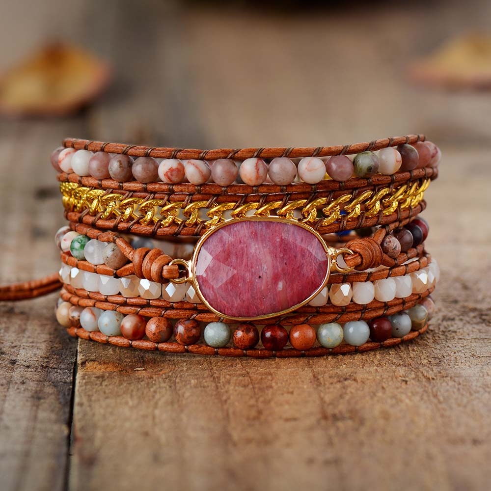 Pink Rhodonite Wrap Bracelet - Wrap Bracelets - Pretland | Spiritual Crystals & Jewelry