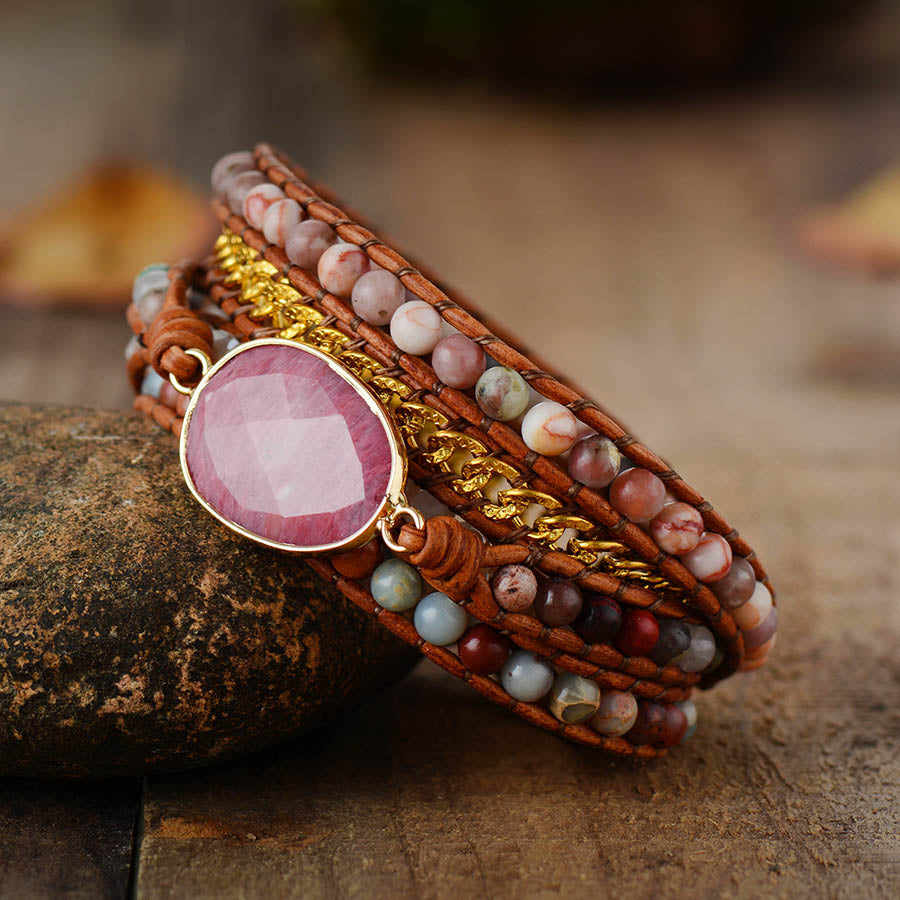 Pink Rhodonite Wrap Bracelet - Wrap Bracelets - Pretland | Spiritual Crystals & Jewelry