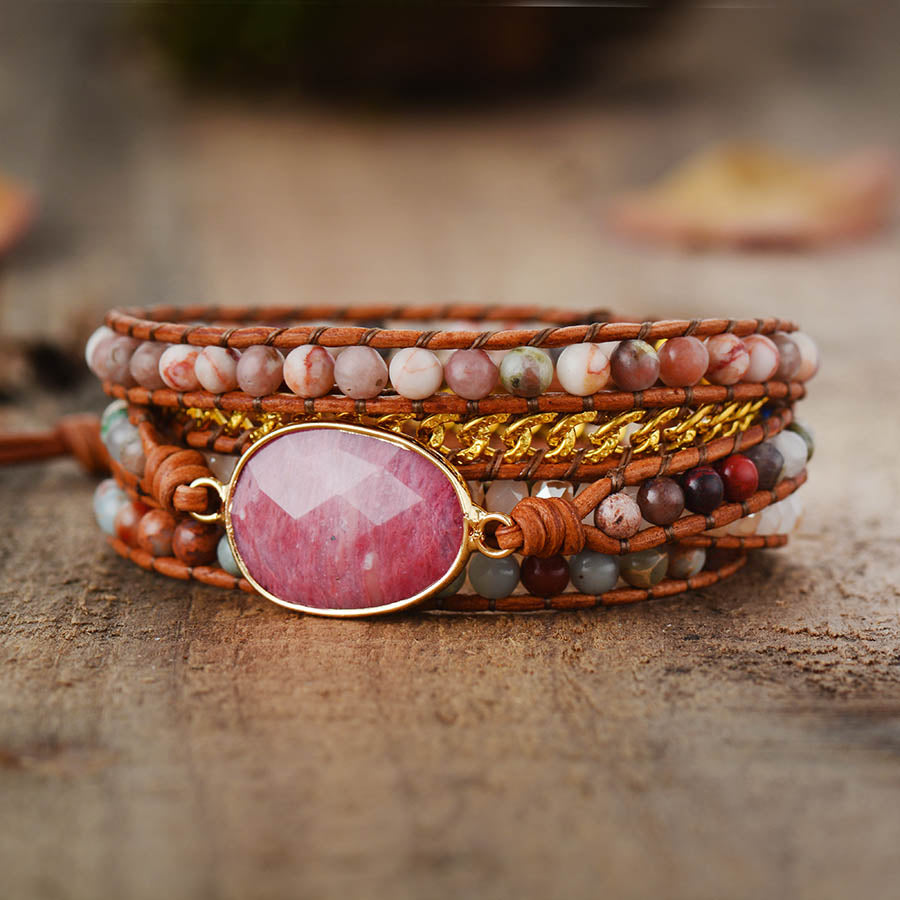 Pink Rhodonite Wrap Bracelet - Wrap Bracelets - Pretland | Spiritual Crystals & Jewelry