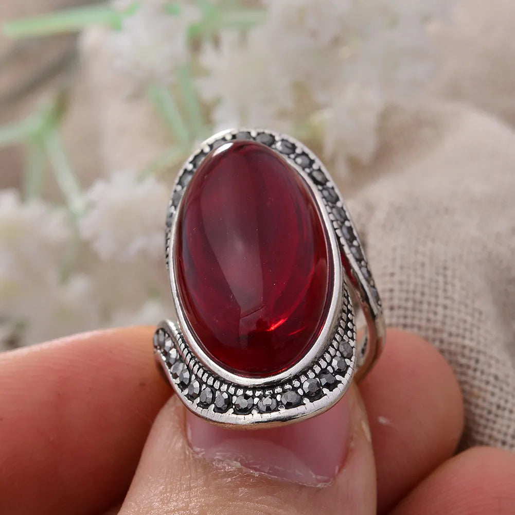 Retro Garnet Stone Adjustable Silver Ring