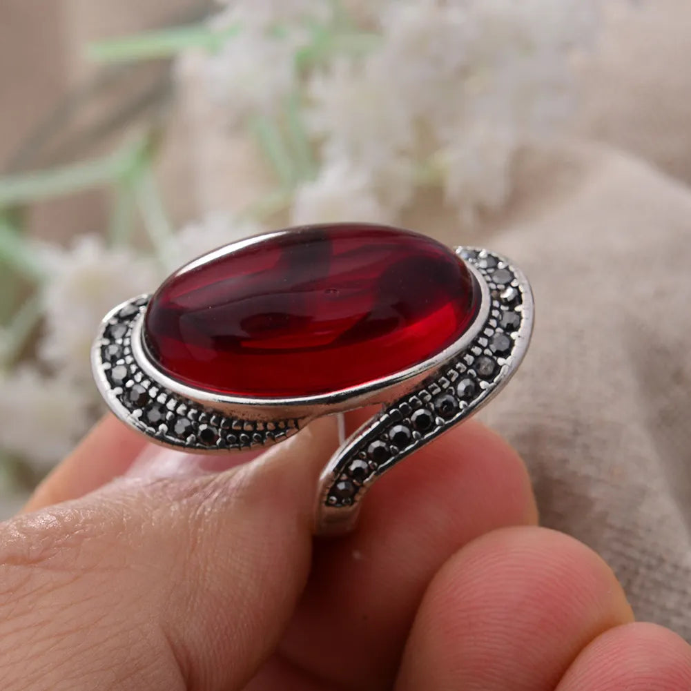 Retro Garnet Stone Adjustable Silver Ring