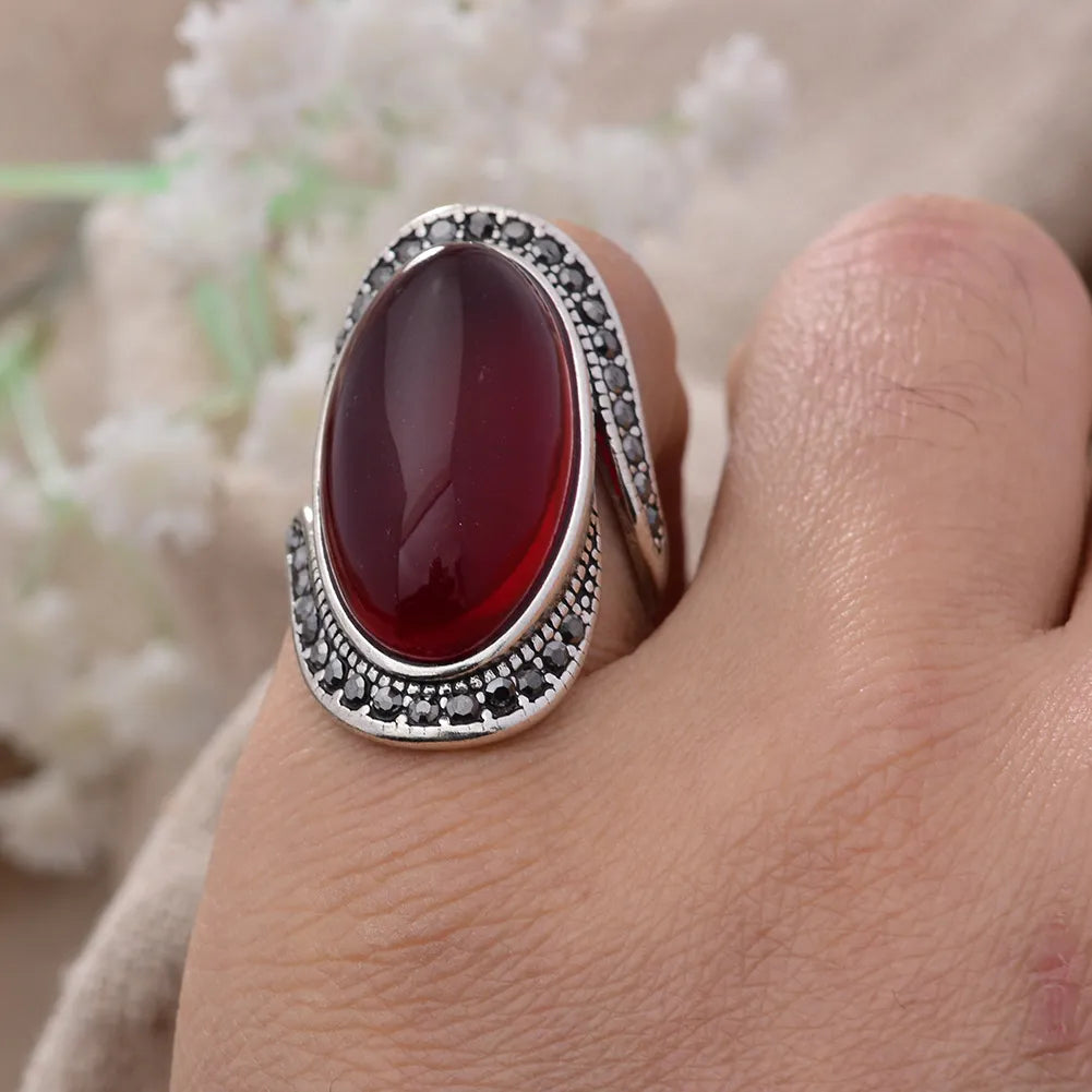 Retro Garnet Stone Adjustable Silver Ring