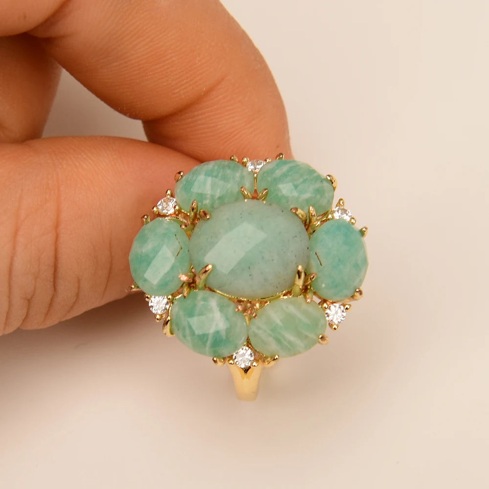 Natural Amazonite Blue Flower Ring
