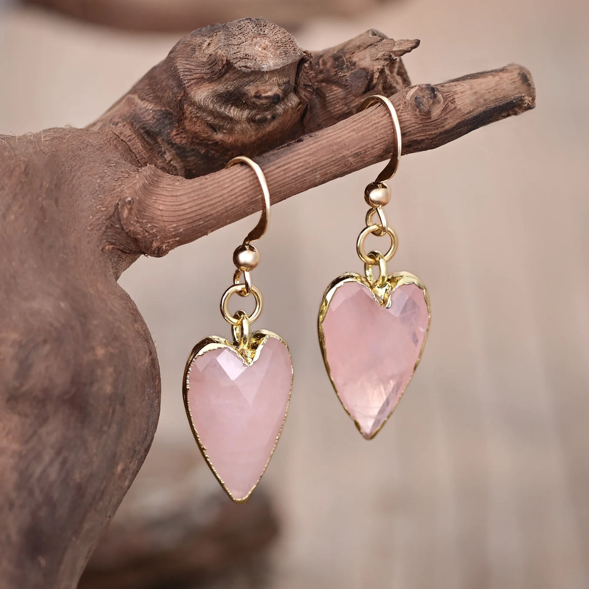 Heart Shape Earrings with Natural Rose Quartz