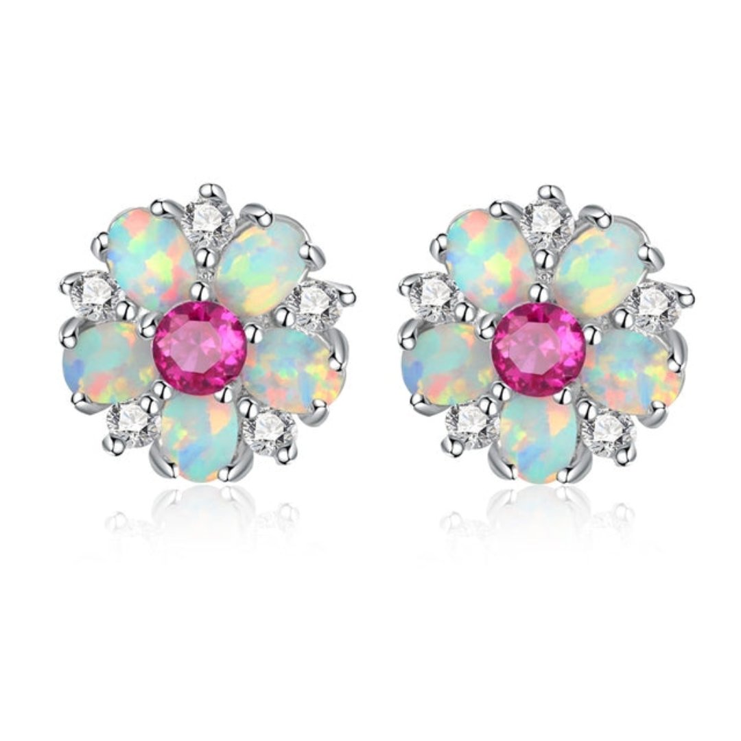 Luxury Flower Fire Opal 925 Sterling Silver Earrings - Pink - Earrings - Pretland | Spiritual Crystals & Jewelry