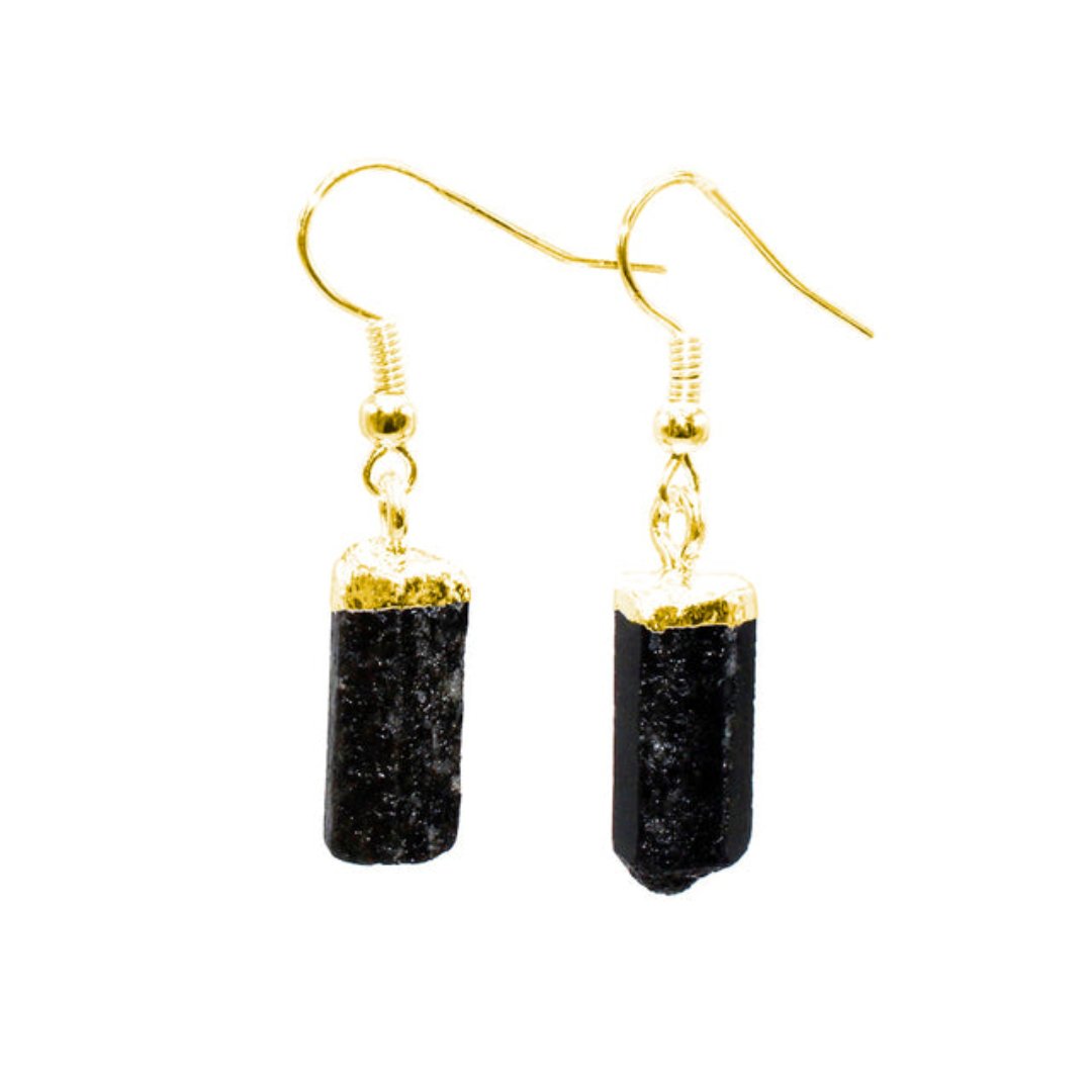 Natural Raw Black Tourmaline Earrings - Gold - Earrings - Pretland | Spiritual Crystals & Jewelry