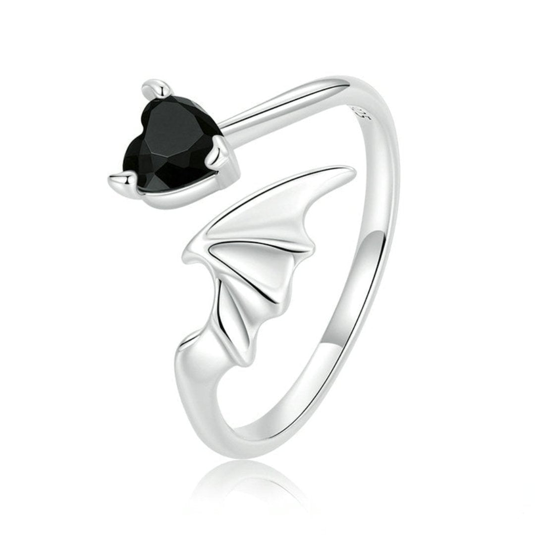 Devil Wing Black Heart Zircon Silver Ring - Rings - Pretland | Spiritual Crystals & Jewelry