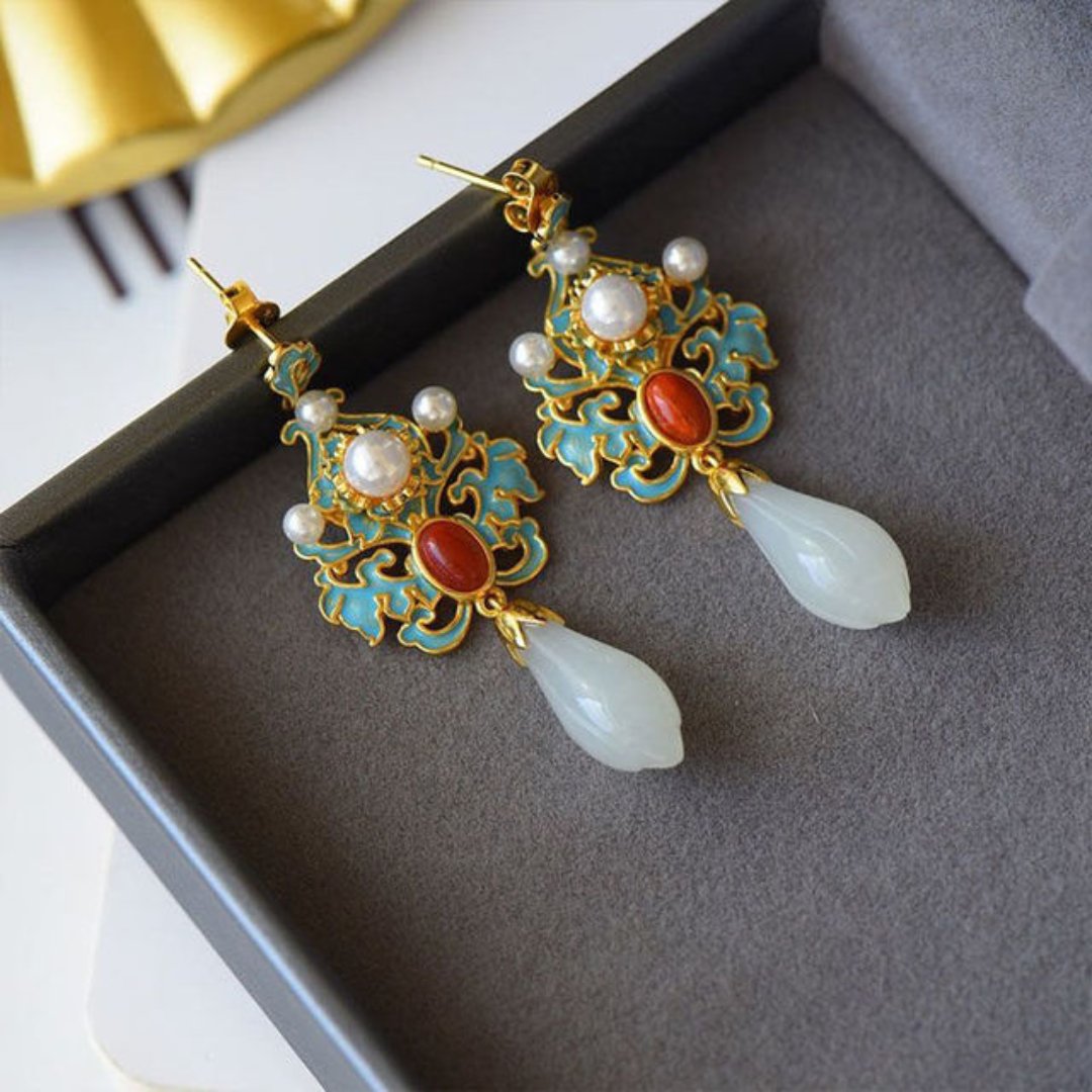 Retro White Magnolia Jade Pearl Earrings - Earrings - Pretland | Spiritual Crystals & Jewelry