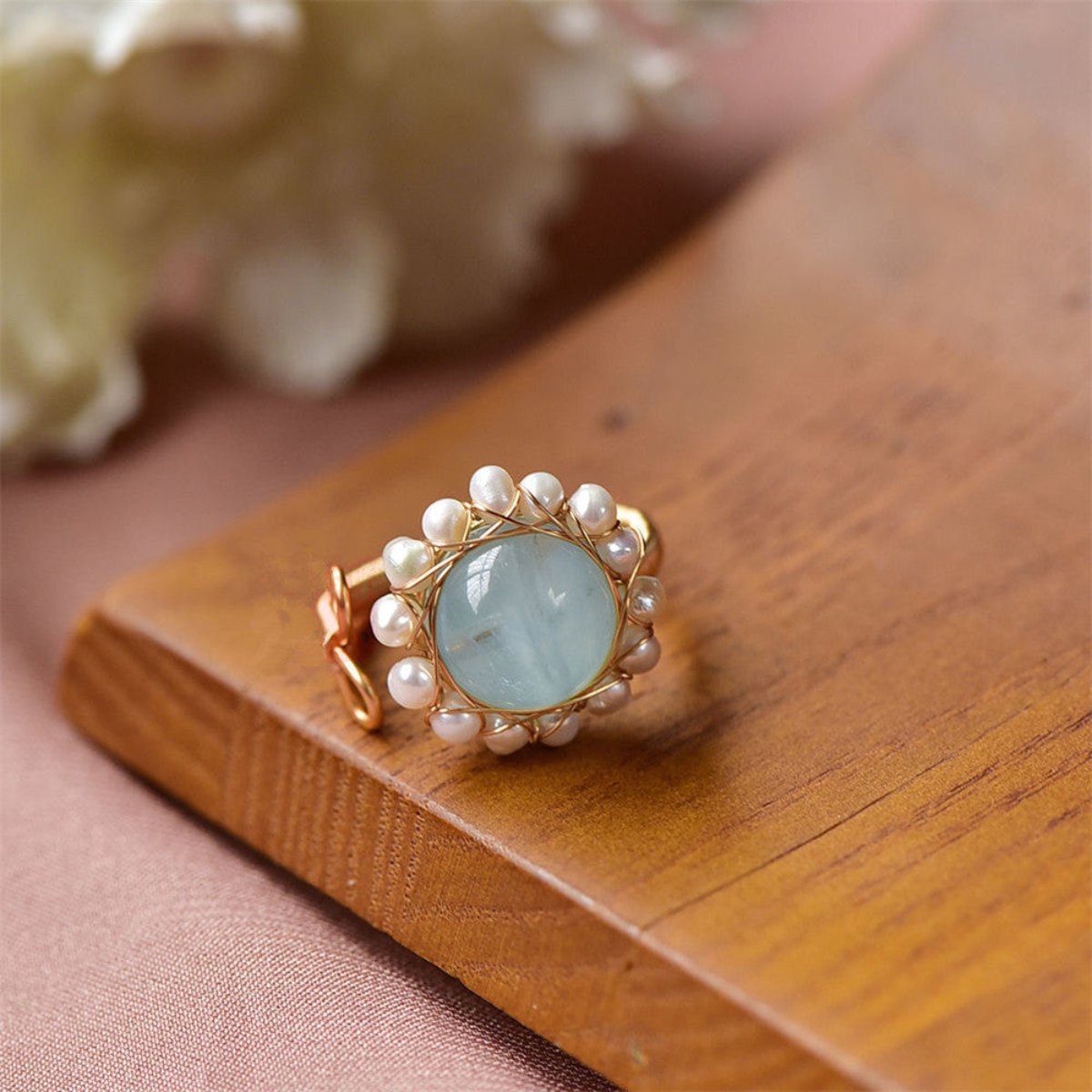 Vintage Aquamarine 14K Gold Plated Adjustable Ring - Rings - Pretland | Spiritual Crystals & Jewelry
