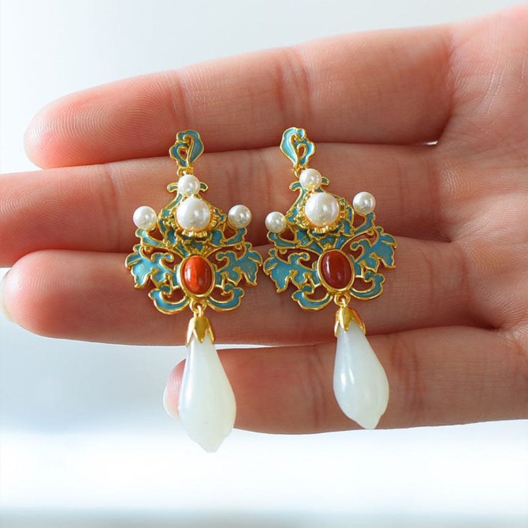 Retro White Magnolia Jade Pearl Earrings - Earrings - Pretland | Spiritual Crystals & Jewelry