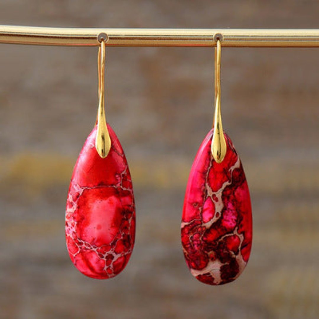 Natural Red Jasper Drop Earrings - Gold - Earrings - Pretland | Spiritual Crystals & Jewelry