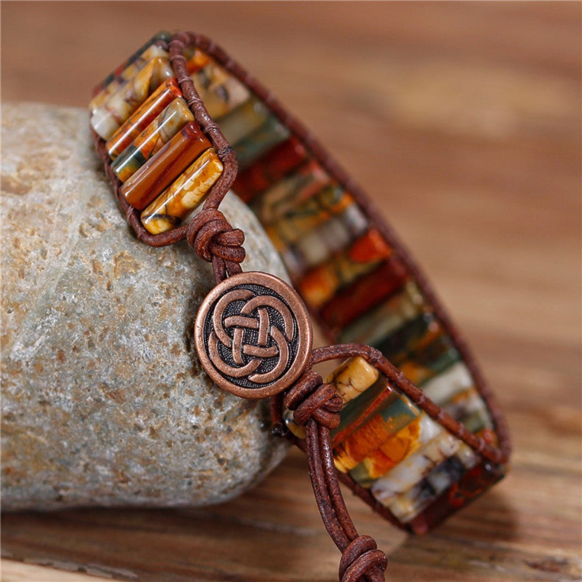 Jasper Tube Beads Cuff Leather Bracelet - Wrap Bracelets - Pretland | Spiritual Crystals & Jewelry
