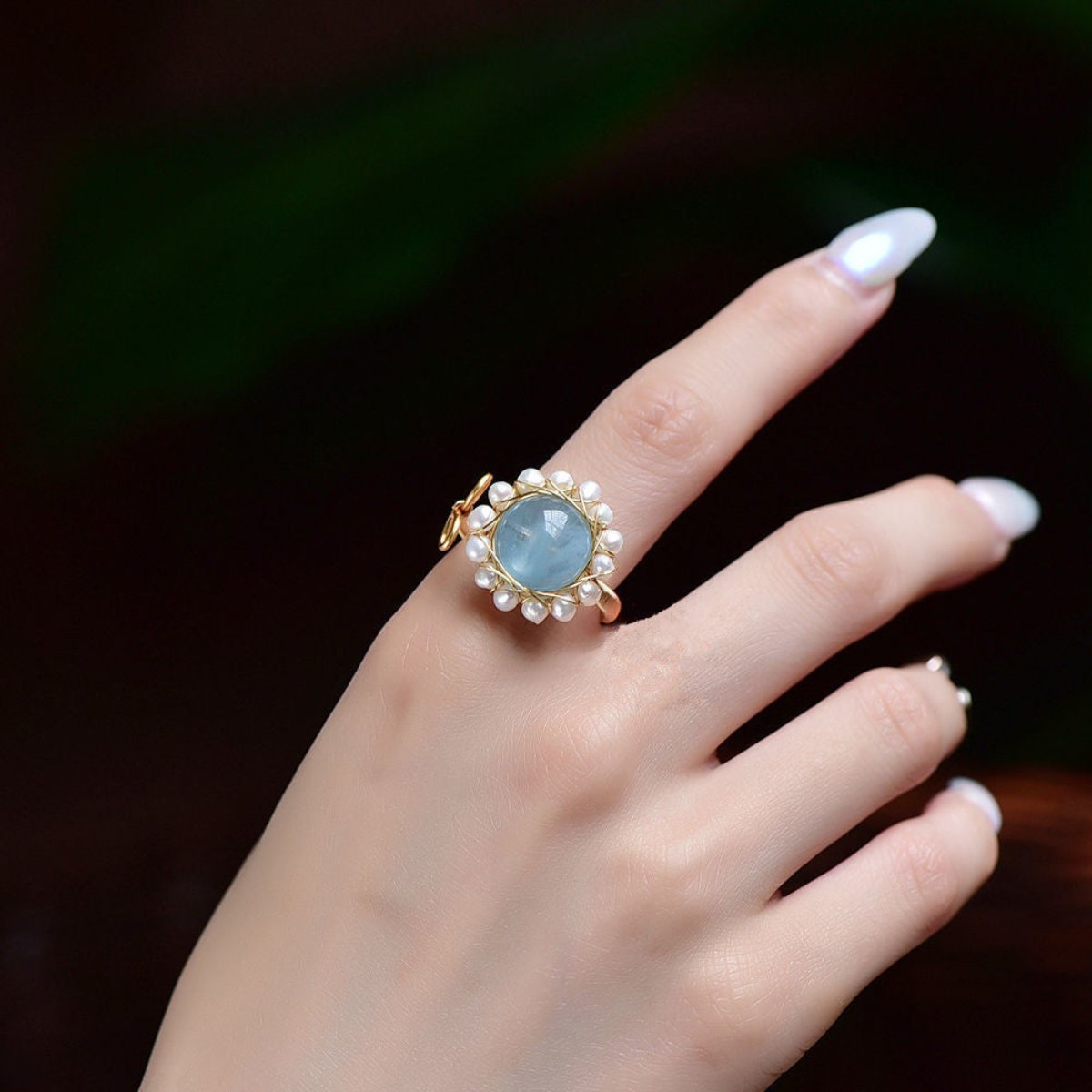 Vintage Aquamarine 14K Gold Plated Adjustable Ring - Rings - Pretland | Spiritual Crystals & Jewelry
