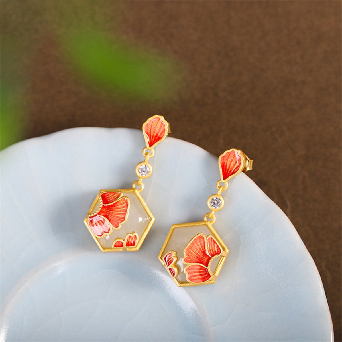 Luxury Gold Plated Flower White Jade Earrings - Earrings - Pretland | Spiritual Crystals & Jewelry