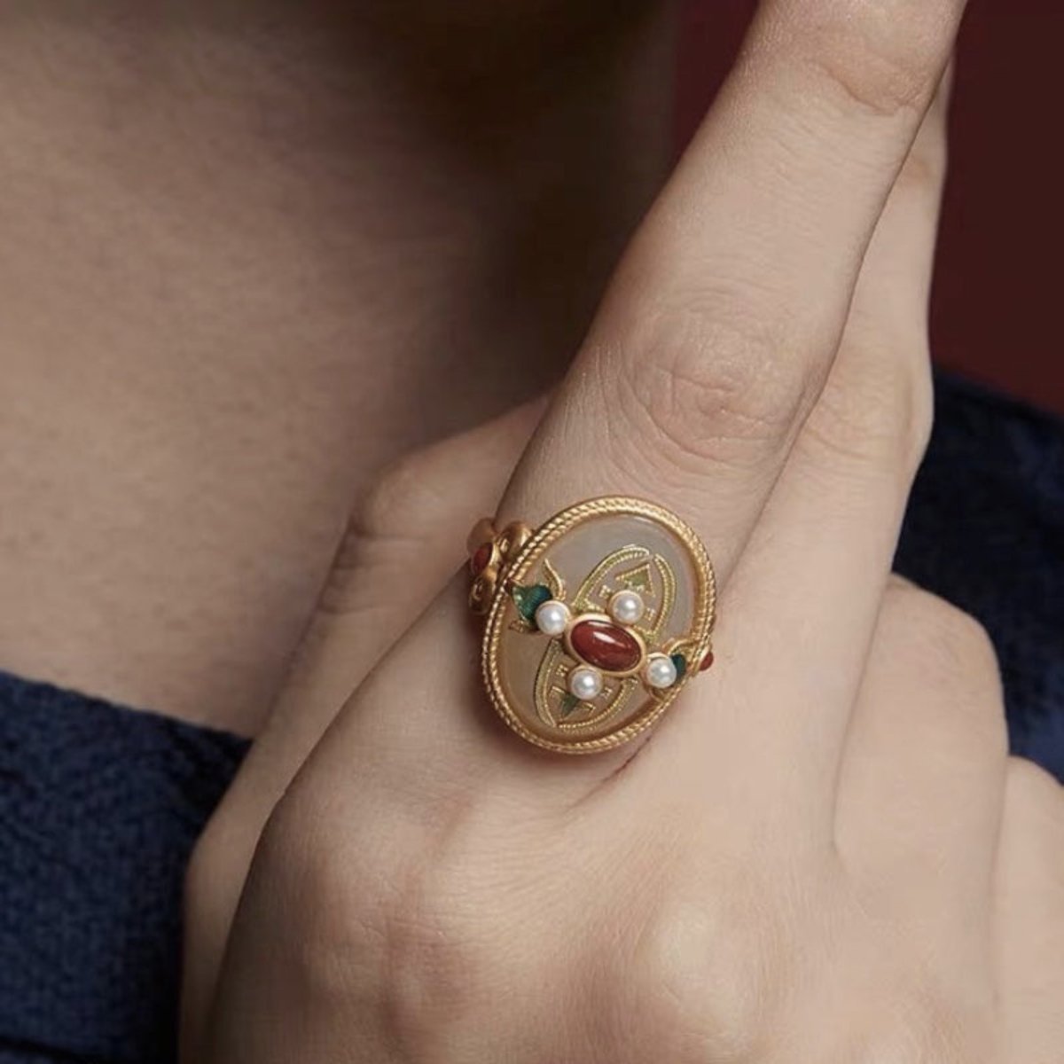 Ethnic Gold Plated Jade Agate Pearl Adjustable Ring - Rings - Pretland | Spiritual Crystals & Jewelry