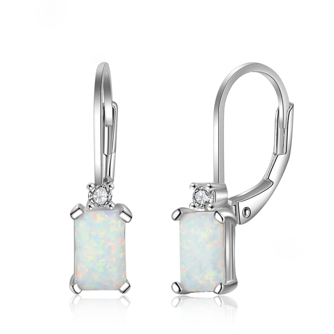 Geometric White Fire Opal Silver Earrings - Hoop Earrings - Pretland | Spiritual Crystals & Jewelry