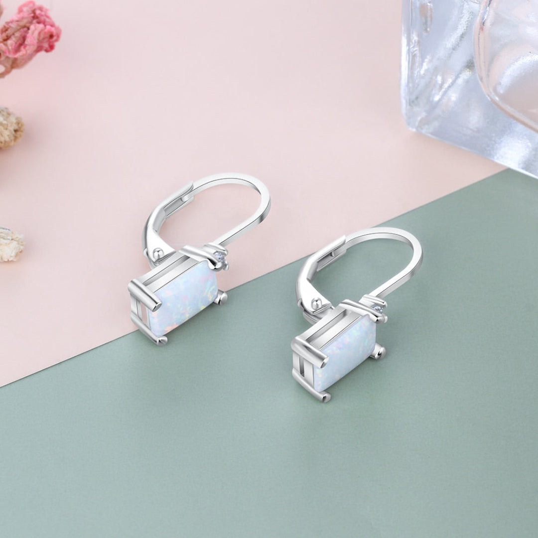 Geometric White Fire Opal Silver Earrings - Hoop Earrings - Pretland | Spiritual Crystals & Jewelry
