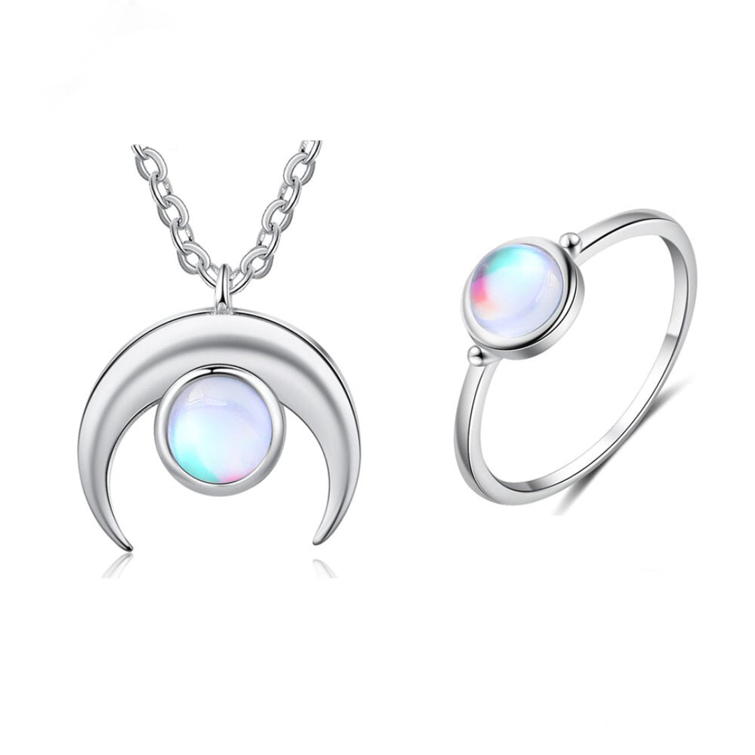 Spiritual New Moon Silver Ring & Necklace Set - Bundles - Pretland | Spiritual Crystals & Jewelry