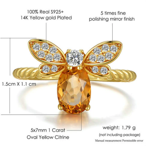 Spiritual Bee Citrine Gold Plated Ring - Rings - Pretland | Spiritual Crystals & Jewelry
