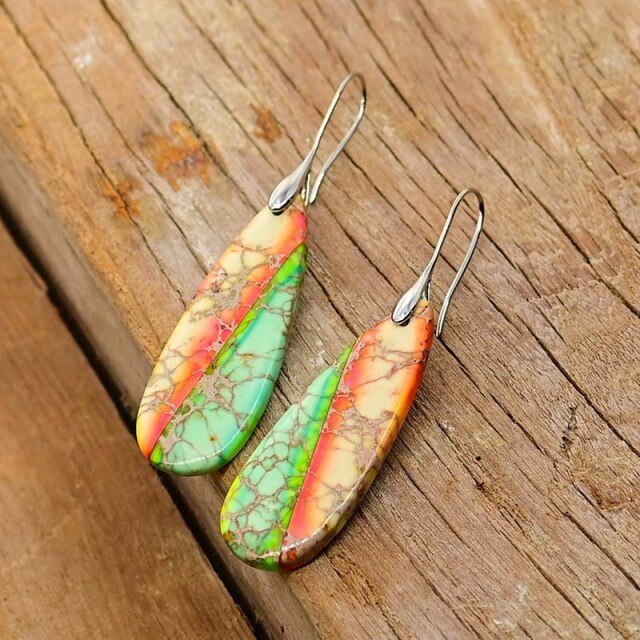 Sunset of Nature Emperor Stone Drop Earrings - Silver - Drop Earrings - Pretland | Spiritual Crystals & Jewelry