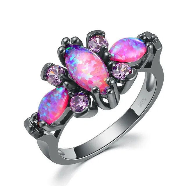 Butterfly Pink Big Fire Opal Black Gold Ring