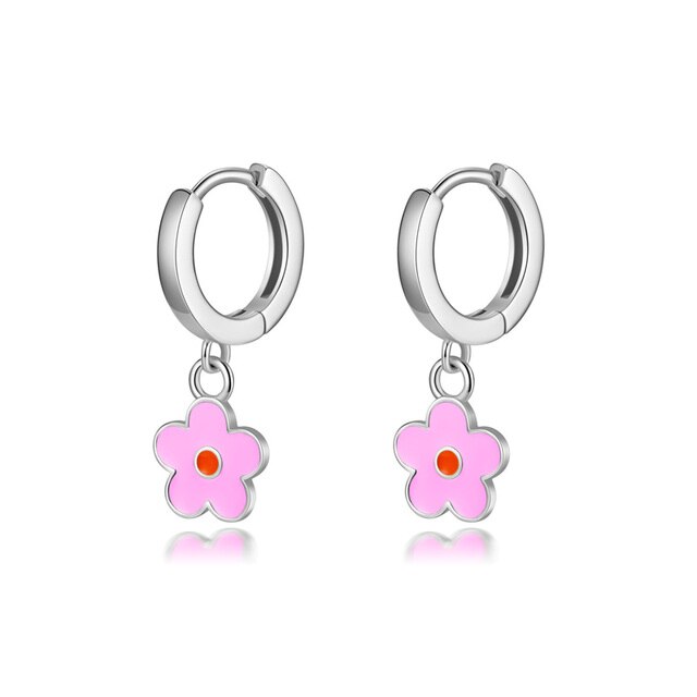 Flower 925 Sterling Silver Hoop Earrings - Silver Pink - Earrings - Pretland | Spiritual Crystals & Jewelry