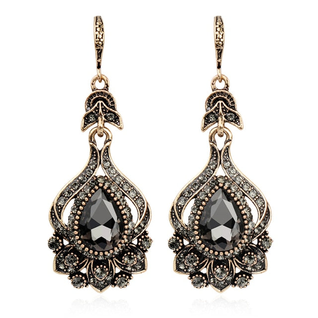Vintage Gray Quartz Antique Gold Drop Earrings