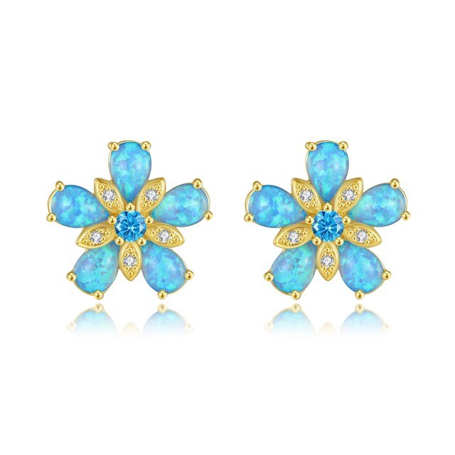 Ocean Blue Fire Opal Flower Stud Earrings - Default Title - Earrings - Pretland | Spiritual Crystals & Jewelry