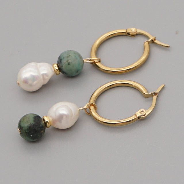 Asymmetric Pearl Earrings - Pearl & Aventurine - Earrings - Pretland | Spiritual Crystals & Jewelry