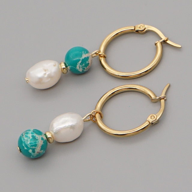 Asymmetric Pearl Earrings - Pearl & Amazonite - Earrings - Pretland | Spiritual Crystals & Jewelry