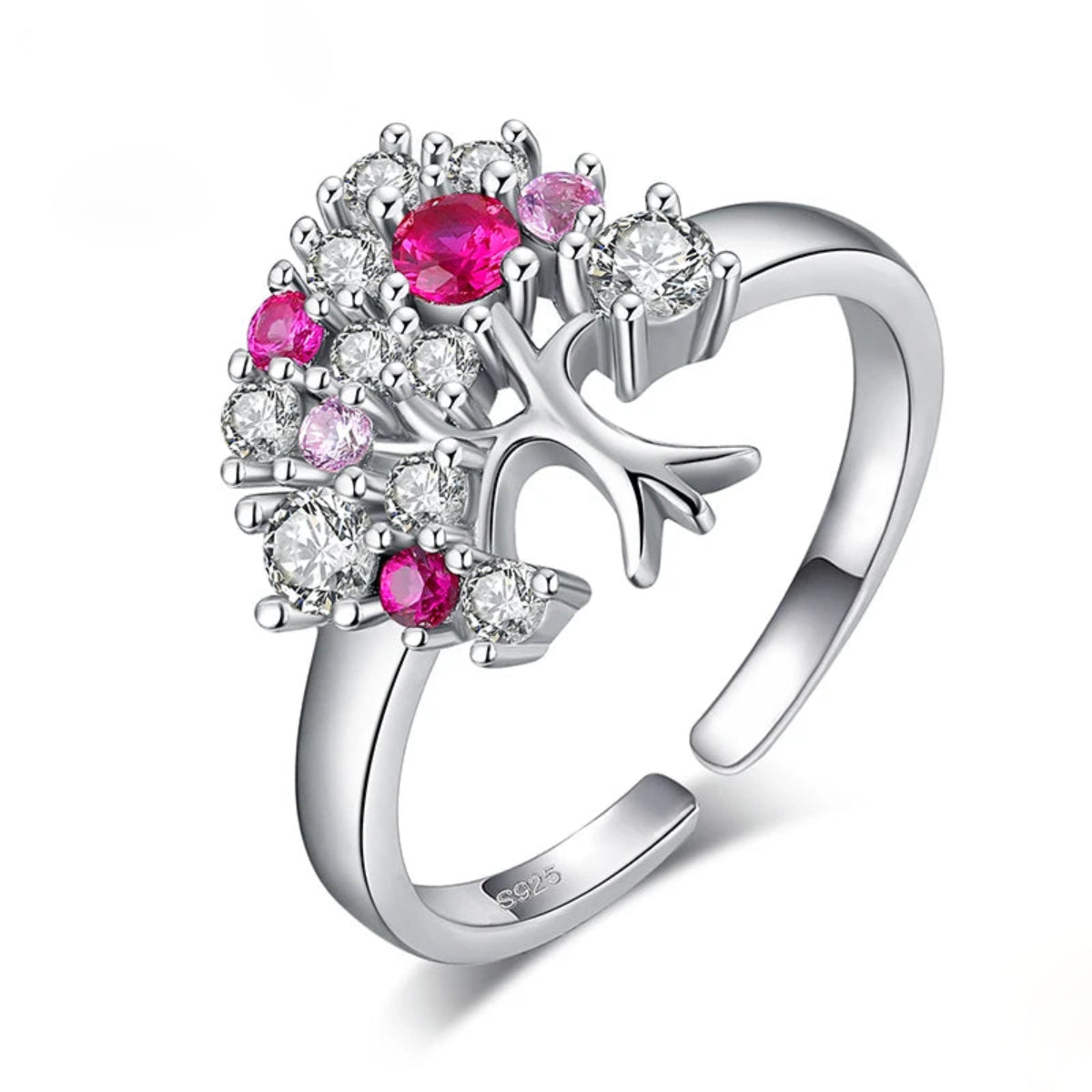 Tree Of Life Ruby Silver Adjustable Ring