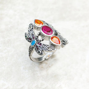 Bohemian Colourful Dragonfly Silver Ring