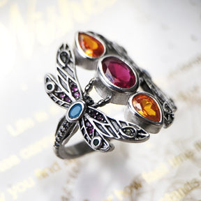 Bohemian Colourful Dragonfly Silver Ring